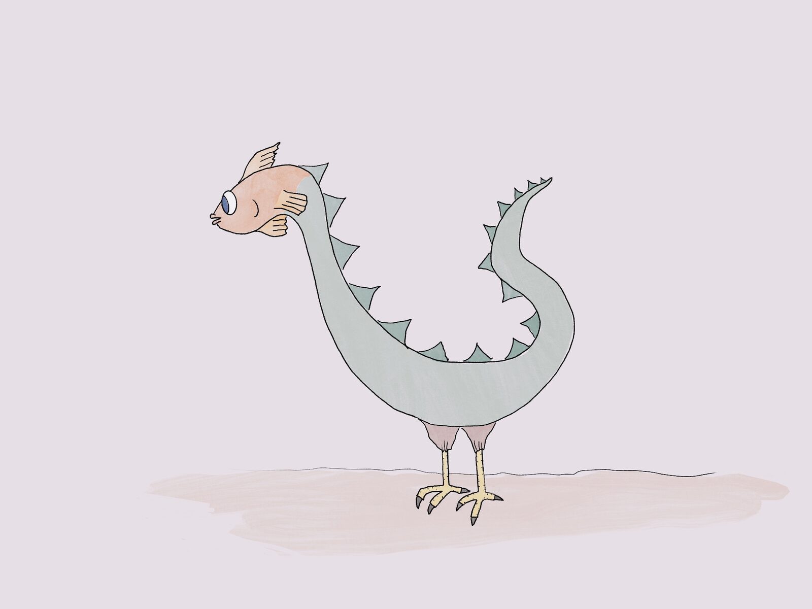 Dinofishchicken: a fish head with wide eyes on a long spiny dinosaur neck and body, balanced on two yellow chicken legs.