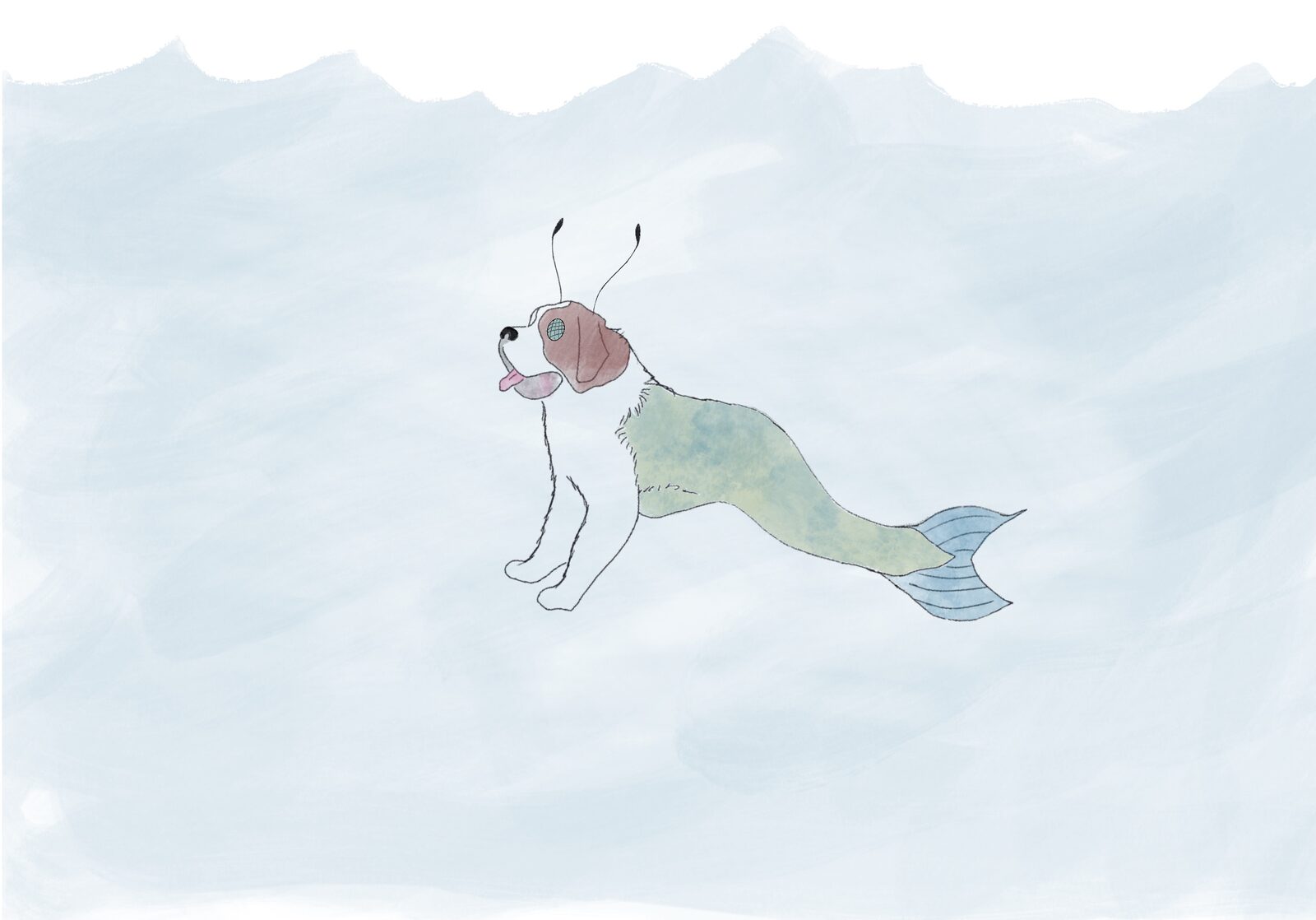 Mersaintbernardfly: a Saint Bernard’s front half with fly antennae and a compound eye, tapering into a green and blue fish tail, swimming underwater.
