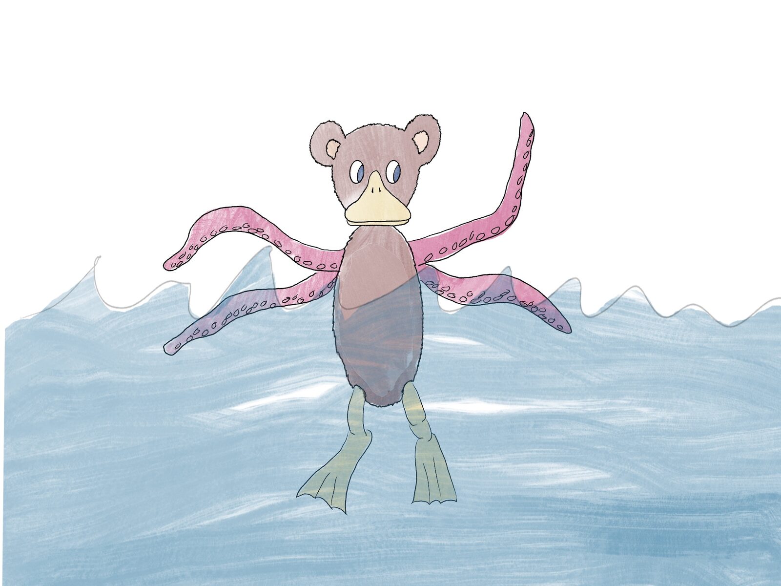 Octobearduck: a bear’s furry head with a yellow duck bill, six pink tentacles for arms, and webbed duck feet, floating in blue water.