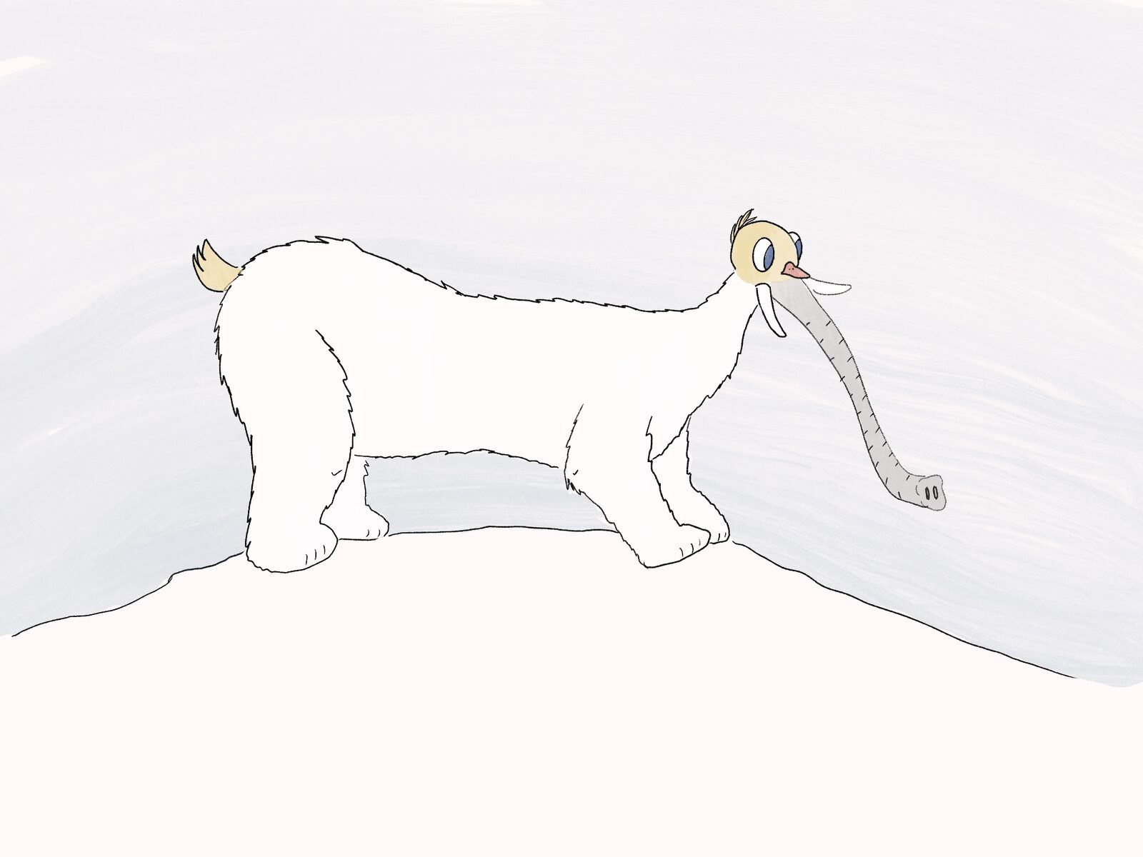 Polarbirdephant: a white polar bear body with a small crested bird head, tusks, and a long grey elephant trunk, walking along a snowbank.