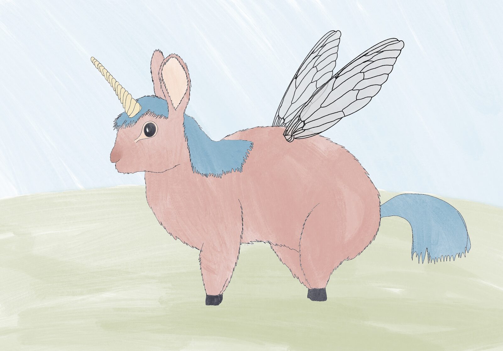 Uniflydeerabbit: a plump pink rabbit with a golden unicorn horn, blue mane and tail, translucent dragonfly wings, and black deer hooves, standing on a green hill.