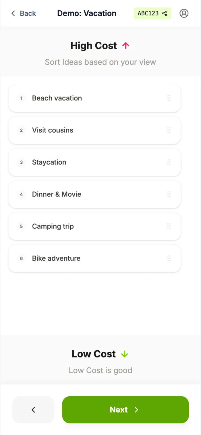 Pickle sort screen — ranking ideas by cost