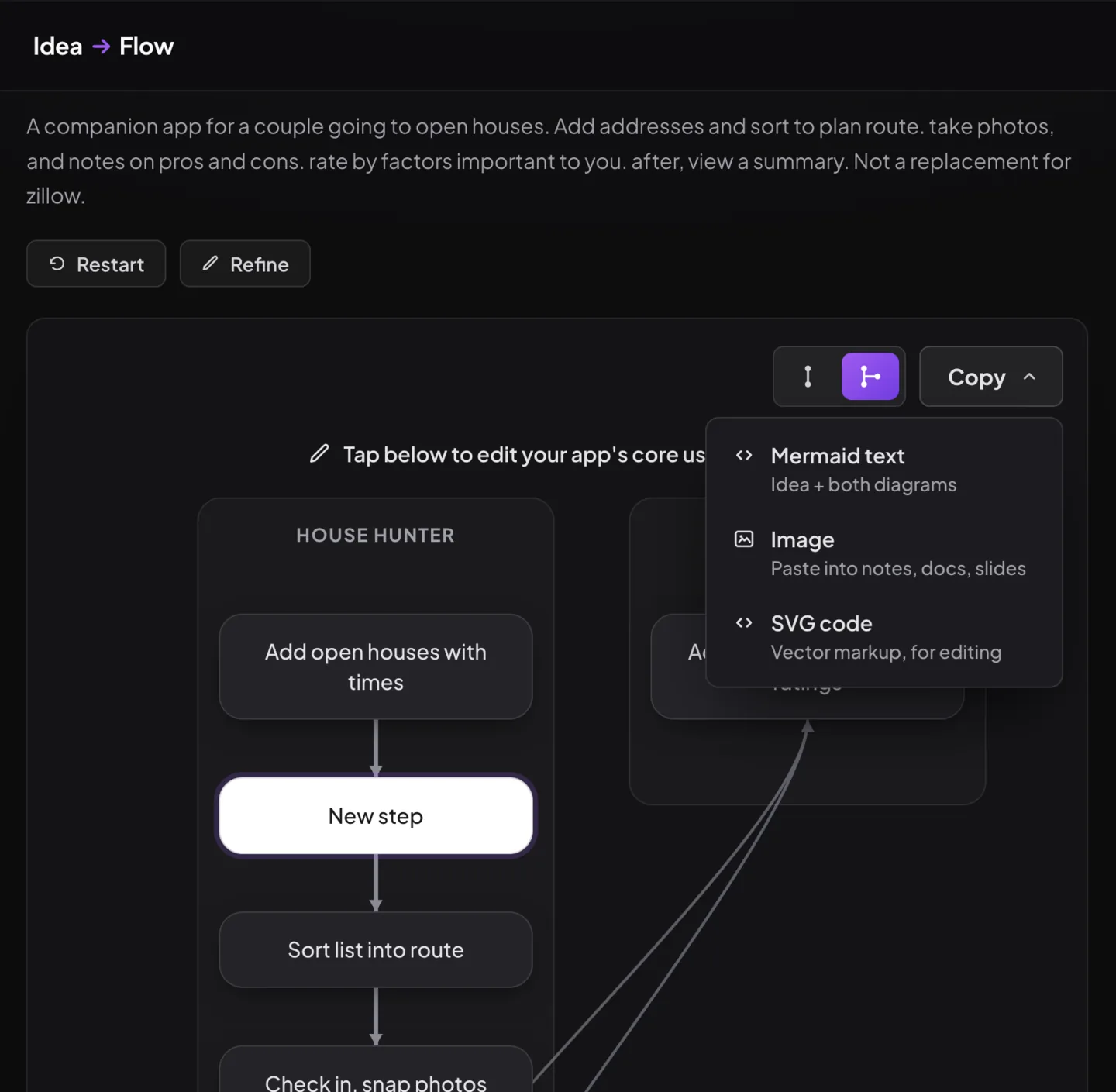The Idea → Flow tool: a plain-text app idea at the top, and below it an editable flow diagram of the app's core steps. One step is selected for renaming, and an open Copy menu offers the diagram as Mermaid text, an image, or SVG code.